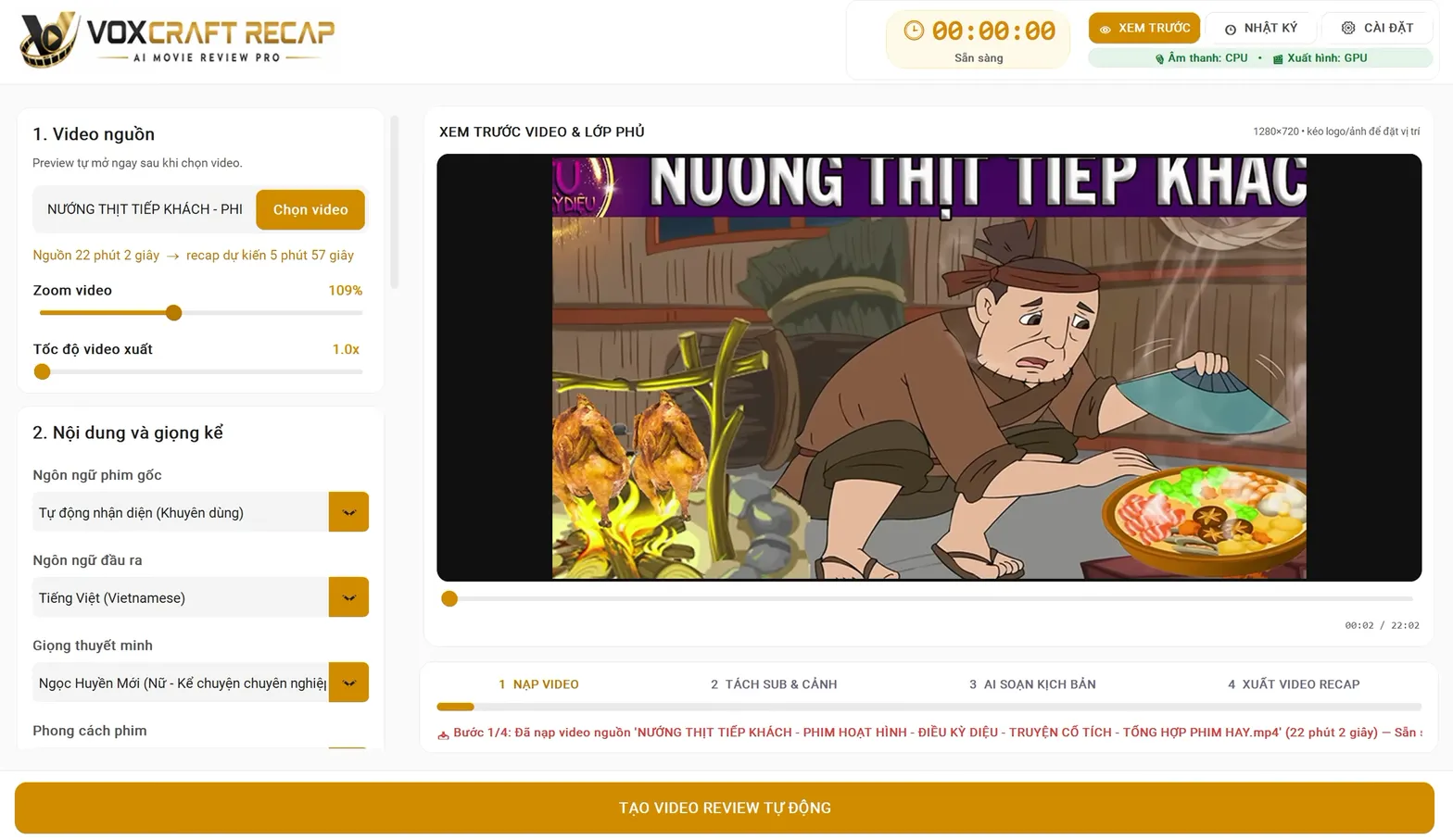 Giao diện phần mềm VoxCraft Recap Pro hỗ trợ tạo video review phim tự động với tính năng nạp video, tách cảnh và lồng tiếng AI.